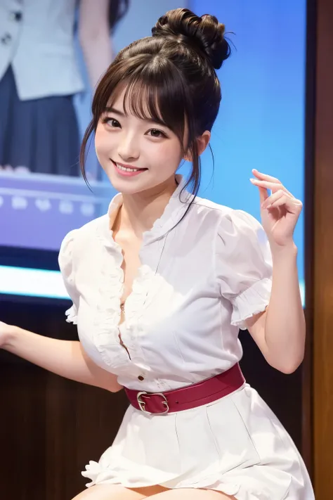 A woman who looks like Hirose Suzu with a cute double bun hairstyle、A frilly white shirt and a miniskirt、A beautiful and cute idol-like woman、Genuine、Bright expression、smile、Gazing at the audience、The background is in the room