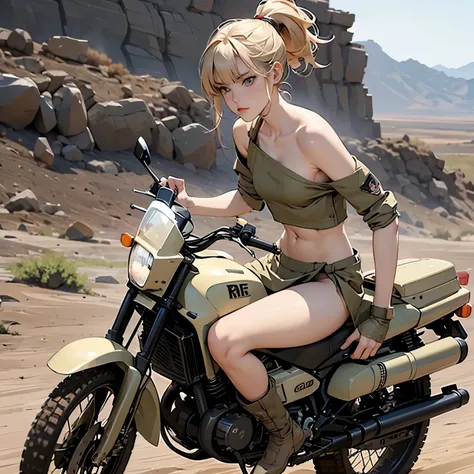 nsfw, Anime screencap, 16k, perfect anatomy proportion body, action, A dynamic composition with a sense of speed and movement, (Ride a khaki off-road military motorcycle:1.6), a wife, 40age, perfect beautiful delicate sexy face, perfect beautiful delicate ...