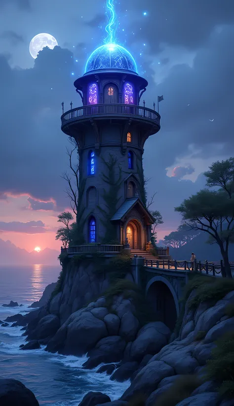 there is a magical lighthouse in built by the elves, it is standing in the sea part of the wall surrounding the city of elves, it is made by tree and has vines climbing its walls. Elven architecture, there are some magical runes on the lighthouse, a beacon...