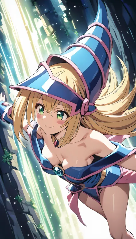 1 girl, dark magician, blonde hair, green eyes, long hair, medium breasts, blush stickers, magician hat, forest, (embarrassed: 0.3), (ai_generated: 0.5), innocent and cute pose, top down, medium breasts Dark magician girl NSFW, glass cover, upper body, sid...