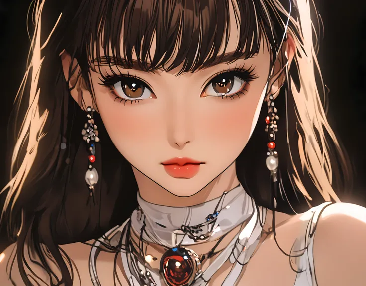 Tabletop、Close-up shot of face、(8k、RAW Photos、Best Quality、masterpiece: 1.2)、Gothic Makeup:1.4、Beautiful big brown eyes、Glowing White Skin、Blunt bangs、A very pretty and beautiful young woman、((Big Breasts:1.2))、Sexy Bondage、Beautiful Necklace、Blurred black...