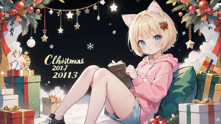 dynamic angle, dynamic pose, blonde hair, (graduation short hair:1.6), a girl in a pink hoodie, christmas art style, christmas t...