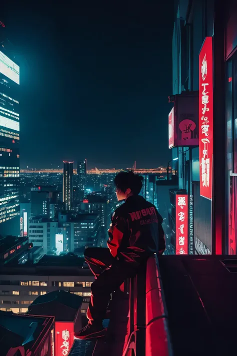 best quality, background photo, background, city, Rooftop, oni, yokai, monster, looking away, looking down, black background, red background, blue background, yellow background, purple background, in the city, cyberpunk, at midnight, at night, in the eveni...