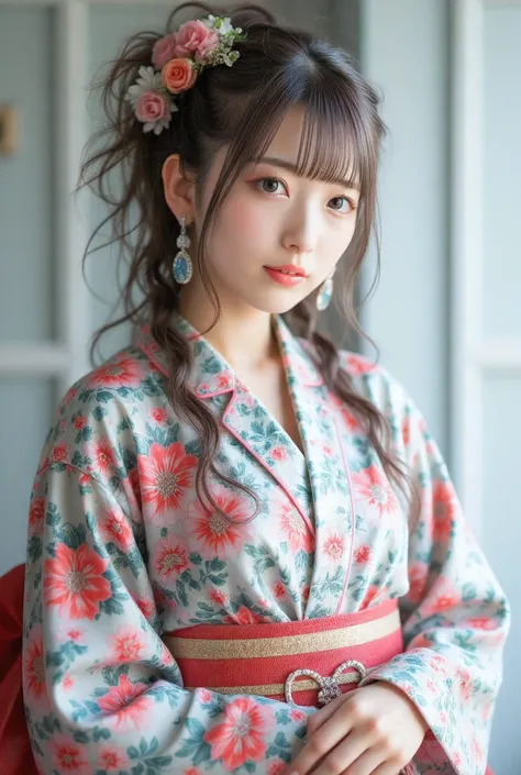 She is a kimono model、Gorgeous floral patterned kimono、Silver hair braids、blue eyes、