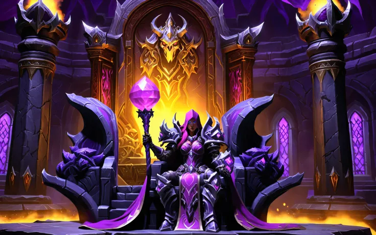 there is a woman warrior in a purple outfit holding a purple object, darksiders style, wearing cloak on blasted plain, world of warcraft art style, sitting on obsidian throne, world of warcraft screenshot, darksiders art style, in a throne room, from world...