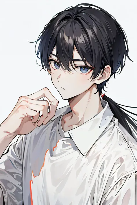 1 Boy，Black high ponytail，White shirt，Cold eyes，Bangs，Temples，Narrow eyes，casual
