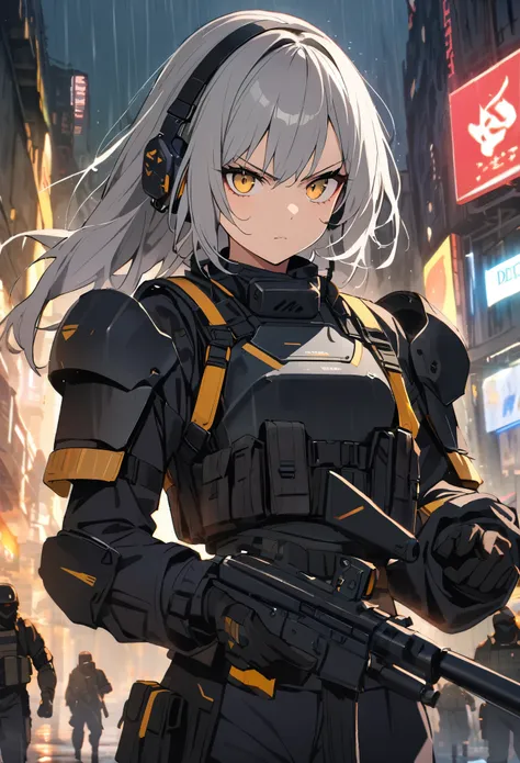 19 years old girl, 1girl, (short-length grey hair), golden yellow eyes, black modern elite soldier clothing, combat earset, black combat trousers with armor pads, cool-looking, badass, stern, serious emotion, natural, gorgeous, city under warfare, rainy we...