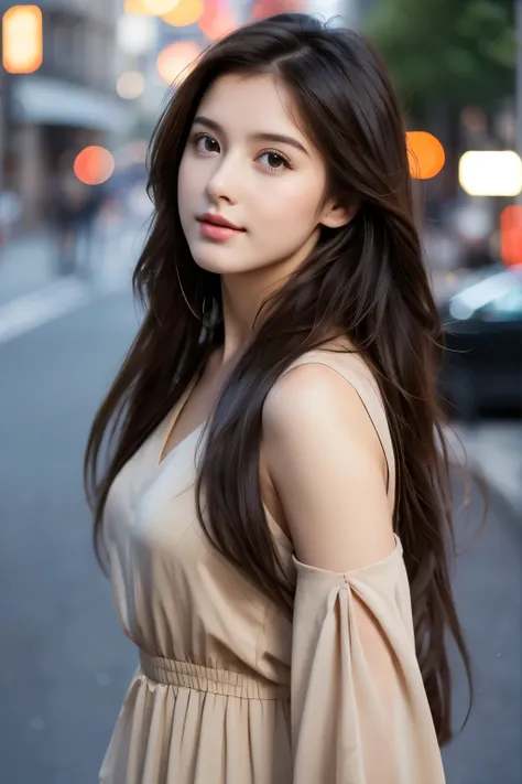 Stable Diffusion prompt:
a girl, long hair, dark brown hair, street dress, detailed eyes, detailed lips, beautiful face, confident expression, natural lighting, highres, realistic, vivid colors, urban landscape style, bokeh