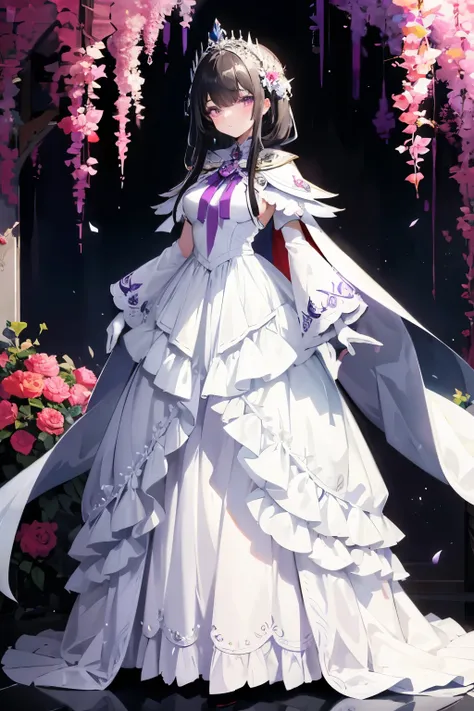 girl, black hair, purple eyes, long gorgeous beautiful fantasy white complex princess dress with embroidery and layers, white gloves, white laced head cape, masterpiece, best quality, colourful, full-body image, standing, garden, blushed crimson, beautiful