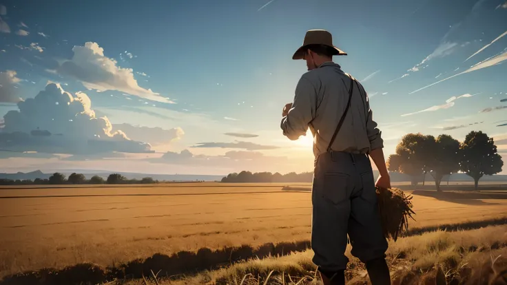 The farmer looks back at the barren field, overwhelmed.
   *Prompt:* "The farmer stares at the barren field once more, his face showing uncertainty and fear of failure. The dry earth seems endless, but the sky above is clear, suggesting hope. 3D hyper-real...