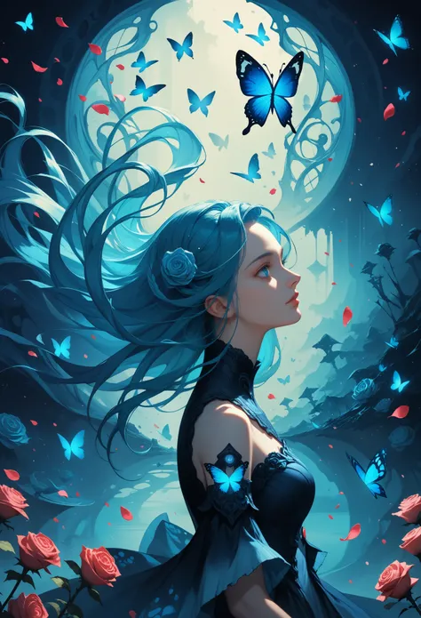 score_9, score_8_up, score_7_up, score_6_up, score_5_up, score_4_up, source_anime, solo focus, sfw, ((portrait of a girl)), upper body, abstract art, surreal, touching a butterfly, floating hair, butterflies, glowing scenery, (falling petals, rose petals:1...