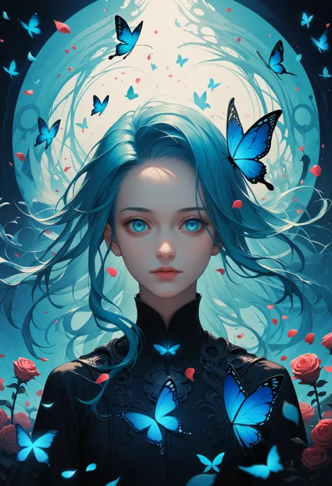 score_9, score_8_up, score_7_up, score_6_up, score_5_up, score_4_up, source_anime, solo focus, sfw, ((portrait of a girl)), upper body, abstract art, surreal, touching a butterfly, floating hair, butterflies, glowing scenery, (falling petals, rose petals:1...