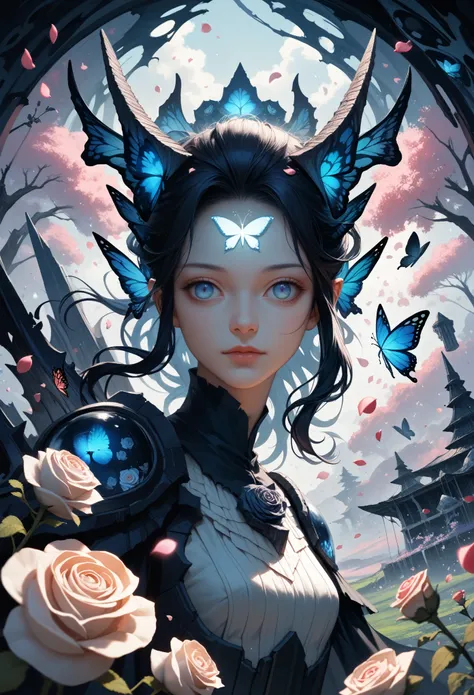 score_9, score_8_up, score_7_up, score_6_up, score_5_up, score_4_up, source_anime, solo focus, sfw, ((portrait of a girl)), upper body, abstract art, surreal, touching a butterfly, floating hair, butterflies, glowing scenery, (falling petals, rose petals:1...