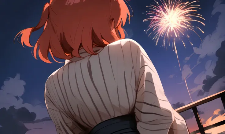 1girl, kita ikuyo, bocchi the rock! masterpiece, best quality, newest, absurdes, ///// nyantcha, khyle, big breasts, thin waist, thin, skinny, solo, yukata, sky, clouds, night, night sky, facing away, against railing, fireworks,