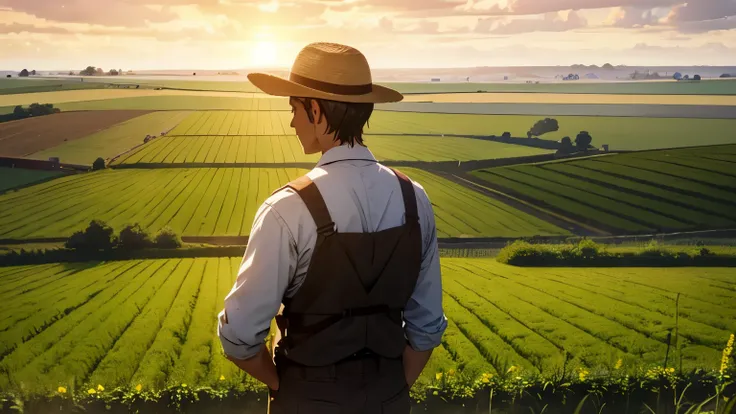 The farmer looks at the sprouting field, feeling hopeful.
   *Prompt:* "The young farmer looks over the field, where small sprouts now grow. His face reflects hope and optimism, the once barren field showing new life. The sun bathes everything in golden li...