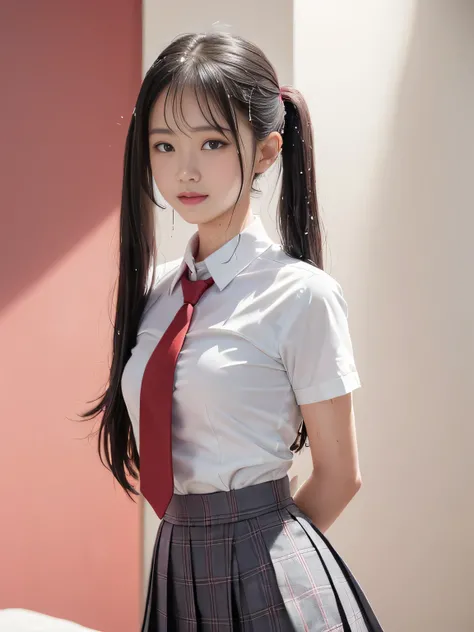 Violet, Gardenias, Rosacea, (masterpiece of the highest quality:1.4), Delicate girl, 、Beautiful short straight twin tails, close, uniform, White dress shirt, Short sleeve, Dark grey pleated check skirt, 8k, 50mm Portrait, RAW Photos, Absurd, Focus on the c...