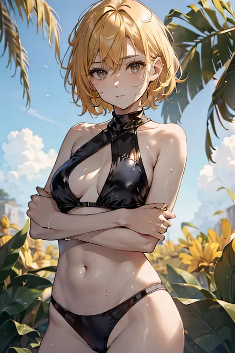 (very detailed, full hd, 4k, realistic), full body of a 30-year-old woman, sunburned skin, short yellow hair, black eyes. very s...