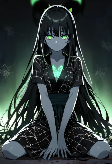 Demon girl from anime demon slayer blade,  a spider demon, black hair, long hair, очень long hair,  two braids in front, black yukata, green eyes,  eyes glow,  grey skin, spider web pattern, open neckline, you can see the legs, sits on the ground, there&#3...