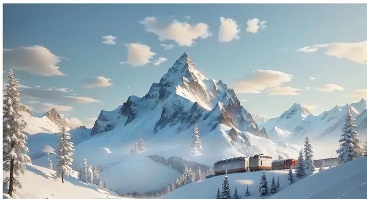 Snow Mountain scene with a train passing through the valley, 4K Matte Painting, Optimistic picture, 8K Matte Painting, 8K Matte Painting, 3D Rendering Matte Painting, Matte Painting V-Ray, Snow Mountain background, Matte PaintingUnreal Engine, Snow Mountai...