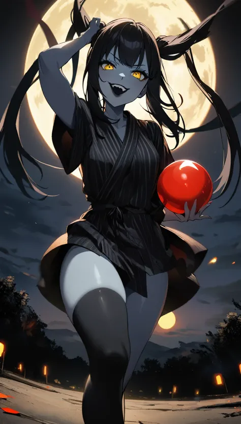 1 girl, High resolution, solo, black hair, Double tails, yellow eyes,  smile,  short yukata, black yukata,  black stockings, grey skin, black lipstick,  arrogant view, evil, night, moon, red ball, playing with a ball, having fun,