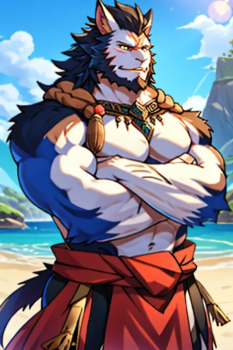 hrothgar, muscle,male,beastman,final fantasy xiv,white skin.black fur,arms crossed