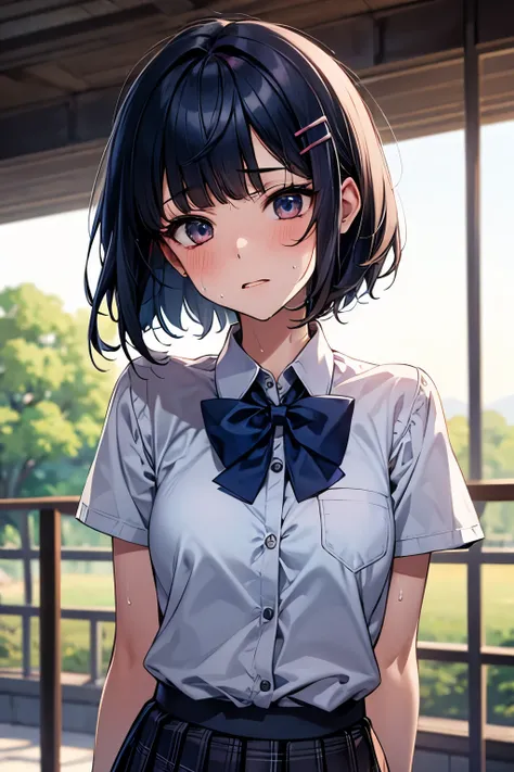 1 girl, Solo, cutie girl, Best Quality, masterpiece, 8K, High resolution, Ultra-detailed, madeon, (portrait, face focus), dark blue hair, blunt bangs, hair clip, short hair, school girl, uniform, white collared shirt, short sleeves, bowtie, pleated skirt, ...