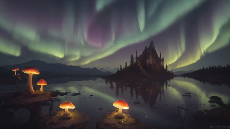 a fantastical worldview, artistic,aurora, fantasy, luminous mushrooms floating in the night sky, 4k,　high image quality、