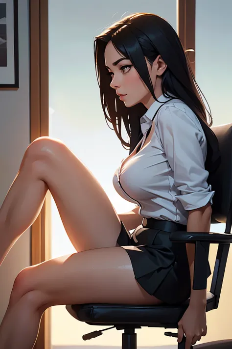 natural shot, low angle shot, an attractive secretary with long hair is sitting at a chair wit her legs crossed, firm and generous breasts, slender and feminine, fit, black hair side-swept,  short skirt, nice thighs, backlit portrait, light falling on face...