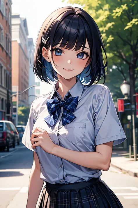 1 girl, Solo, cutie girl, Best Quality, masterpiece, 8K, High resolution, Ultra-detailed, madeon, (portrait, face focus), dark blue hair, blunt bangs, hair clip, short hair, school girl, uniform, white collared shirt, short sleeves, bowtie, pleated skirt, ...