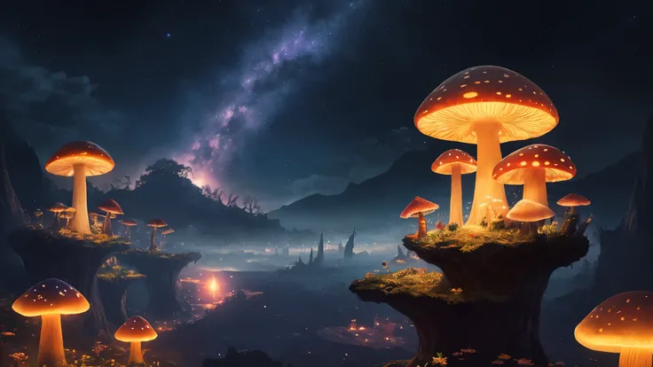 a fantastical worldview, artistic, fantasy, luminous mushrooms floating in the night sky, 4k,　high image quality、