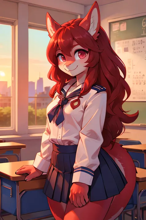 One girl, solo, High resolution, Red Dragon Beastman、Long Hair、Body covered with scales、Sailor suit、Pleated skirt、smile、Round face、Big Eyes、School classroom、Sunset