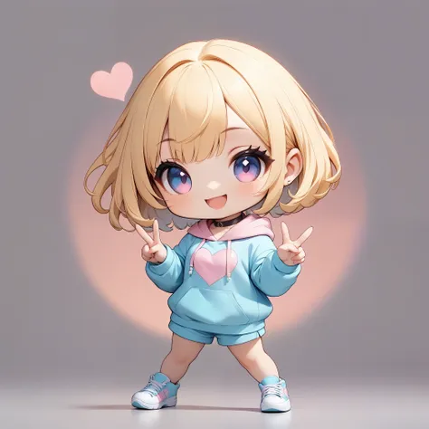 chibi cute, deformation, deformationキャラクター, 1 girl, view your viewers, kawaii pose, heart hand sign, (blonde, short bob, choker,...