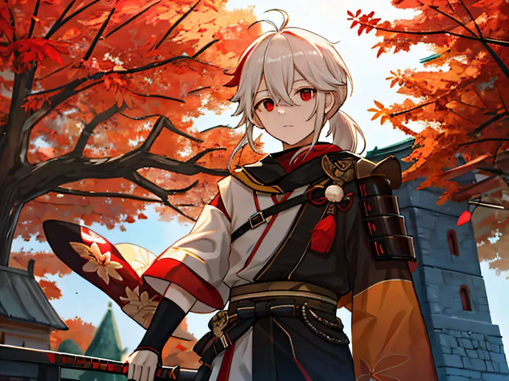 masterpiece, best quality, maple manyo, male focus, 1boy, solo, red eyes, bangs, multicolored hair, japanese clothes, striped hair, red hair, hair between the eyes, weapon, sword, armor, japanese armor, white hair, shut up, ponytail, outdoors, tassel, look...