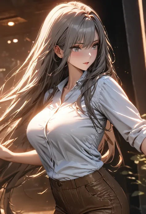 ((solo)), (woman), gray eyes, ((grey hair)), long hair, full straight hair, (mature adult), ((old)), ((mature)), tall, fit, big breasts, a close up of a person, detailed key anime art, casimir art, masamune shiro, masamune, beautiful girl in demon slayer a...