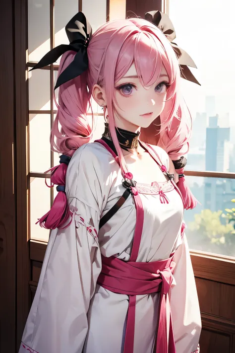 realistic、1 girl、pink hair, tassel twintails、narrow waist, long eyelashes，drooping part at the corner of the eye，white skin，i&#3...