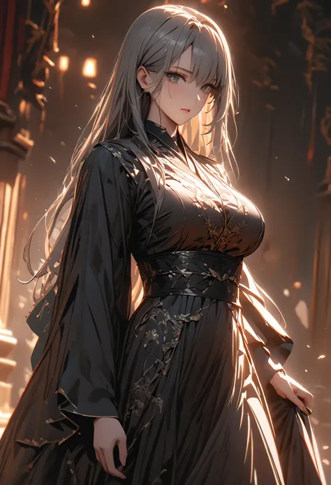 ((solo)), (woman), gray eyes, ((grey hair)), long hair, full straight hair, (mature adult), ((old)), ((mature)), tall, fit, big breasts, a close up of a person, detailed key anime art, casimir art, masamune shiro, masamune, beautiful girl in demon slayer a...