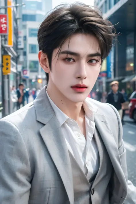 (Masterpiece, best quality, highres, ultra detailed, 4K), 1 man, korean man, 21 years old, grey short hair, have two bangs, wearing long-sleeved shirt and vest jacket, (thin mouth), in the Bangkok street, sharp eyes, white skin, ((very handsome, photoreali...