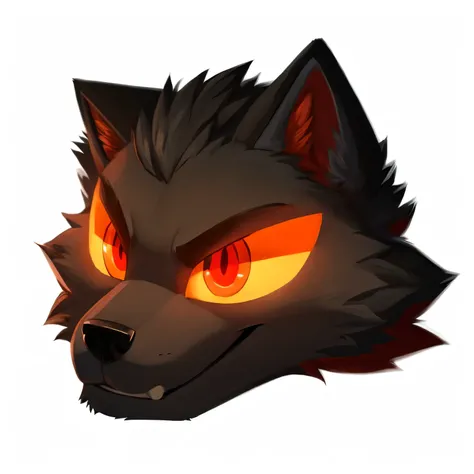 Black male anthro wolf head, teenager age around 20 years old but in tiny cartoon artstyle, big glowing orange eyes with red pupil and black in the red pupil, smiling mouth, detailed smiling mouth, detailed perfect high quality 4k graphic 2d art, perfect l...