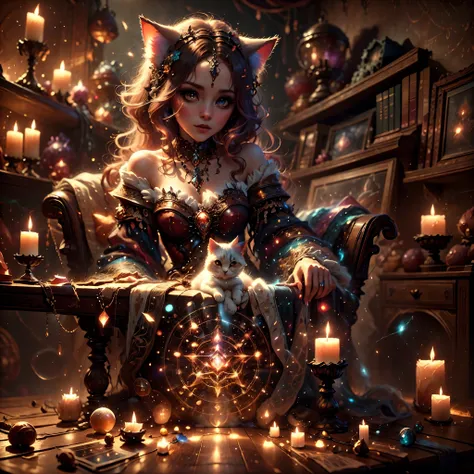 A magical girl with cat features, summoning dark forces, intricate fantasy background, (best quality,4k,8k,highres,masterpiece:1.2),ultra-detailed,(realistic,photorealistic,photo-realistic:1.37),exquisite details, dramatic lighting, dark moody atmosphere, ...