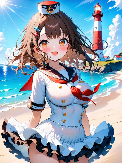 cute girl, (medium hair), (shoulder length hair:1.2), wavy brown hair, colorful hairpins, (bright expressive brown eyes), slight blush, petite body, (shortstack), (big breasts:0.4), natural round breasts, lighthouse-themed outfit, white and red striped pat...