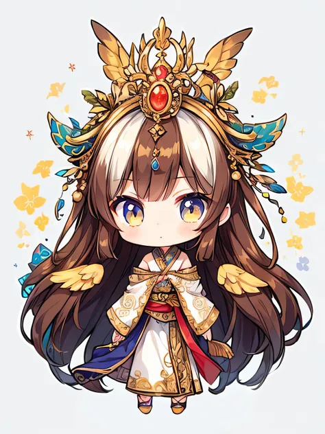 Create a chibi-style character with long, flowing dark brown hair, wearing a traditional Asian-inspired royal outfit. The character should have intricate golden accessories, including a large ornate headpiece adorned with gems and pearls. The clothing shou...