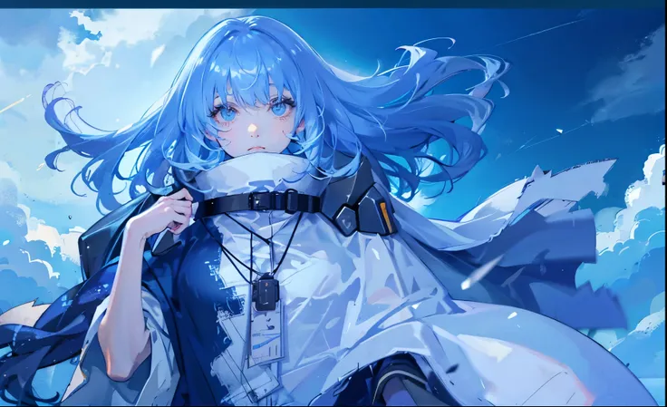 best quality , best quality , detailed face , blue hair,long hair,female characters,eat,a star-filled night sky