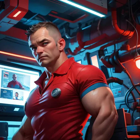 d_Clark, a strong man, 40Yo, with a red shirt and a blue lab coat, short hair, in a futuristic room with advanced technology, night lighting, studying scientific data on screens that appear in the air, hyper realistic photo with refined details