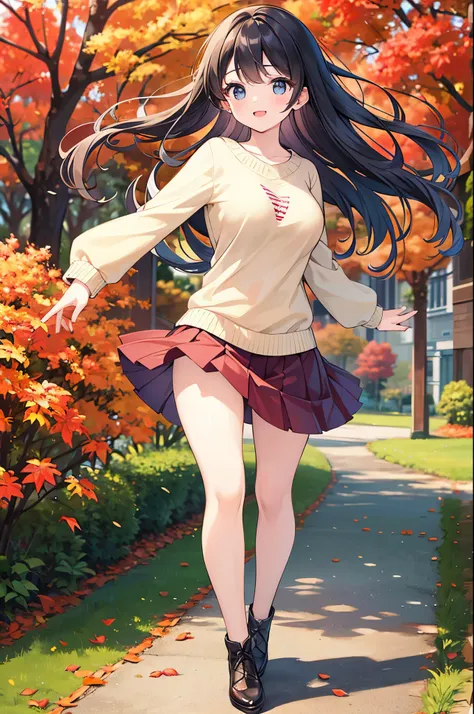 Super Best masterpiece, 16k, Highest quality, Ultra-high resolution, Cute Girls, Beautiful girl in great detail, Very accurate body structure, Very precise body movements, Ample breasts, Autumn casual outfit, The skirt flutters in the wind, Autumn scenery,...