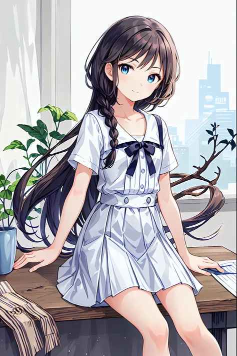 (child)，Best Quality，Beautiful face in every detail，cute，Dark brown eyes，(背の低いcute女の子，Young student，Young and delicate girl）,（masterpiece，Best Quality)，Black Hair，Sleepy look，Short sleeve white shirt，Checkered white skirt，Pathetic，Pathetic，Pathetic，Brown H...