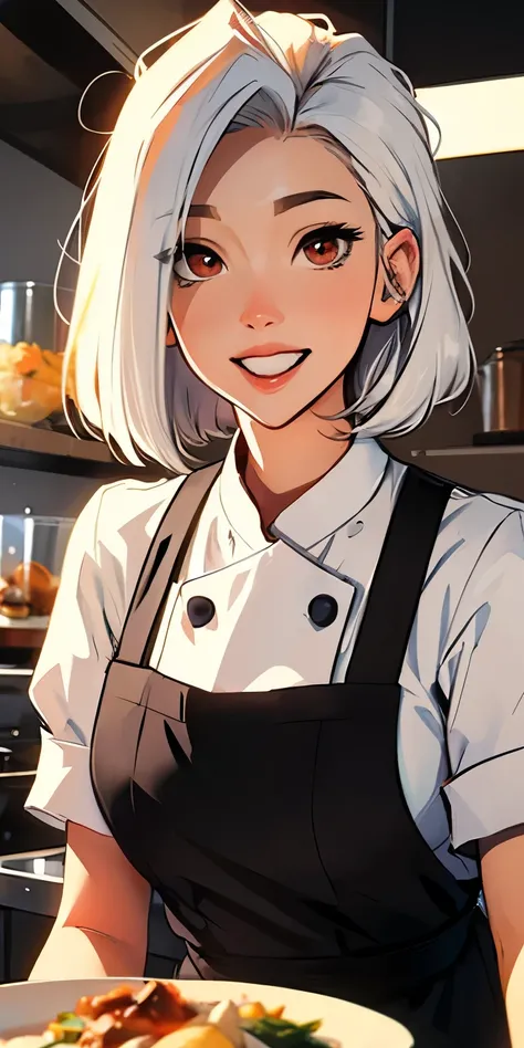 alice, anime art style, 1girl, solo, breasts, looking_at_viewer, smile, short_hair, open_mouth, large_breasts, red_eyes, hair_between_eyes, upper_body, white_hair, :d, blurry, chef