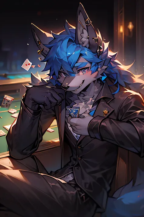 A majestic masterpiece!/remove censorship，A black fox is also the croupier of an underground casino, leaning on the card table, holding chips in his hand, seductive, strong, mysterious, smiling, with metal earrings in his ears, one eye is blue, the other i...