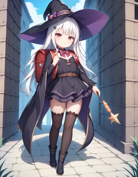 masterpiece, hd, 2d, top-quality, full body, witch's hat, belt to hat, white hair, long hair, smooth straight hair,  smile, red ...