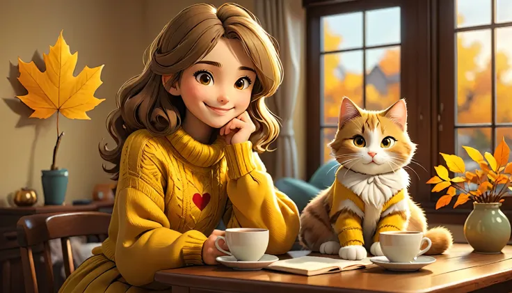 "((Lo-Fi drawing style: 1.5)), a heart-warming and highly detailed 3D rendered illustration of an anime-style young woman sitting at a table at home, smiling and drinking coffee with a fluffy adult cat sitting on her lap. She is dressed in a fashionable lo...