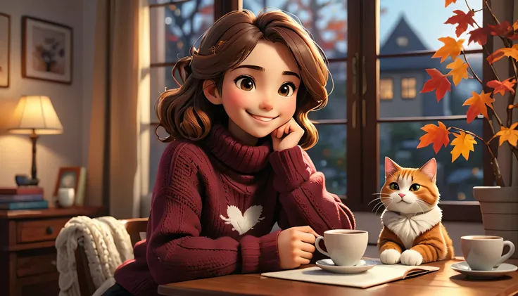 "((Lo-Fi drawing style: 1.5)), a heart-warming and highly detailed 3D rendered illustration of an anime-style young woman sitting at a table at home, smiling and drinking coffee with a fluffy adult cat curled up next to her. She is wearing a cozy woolen tu...